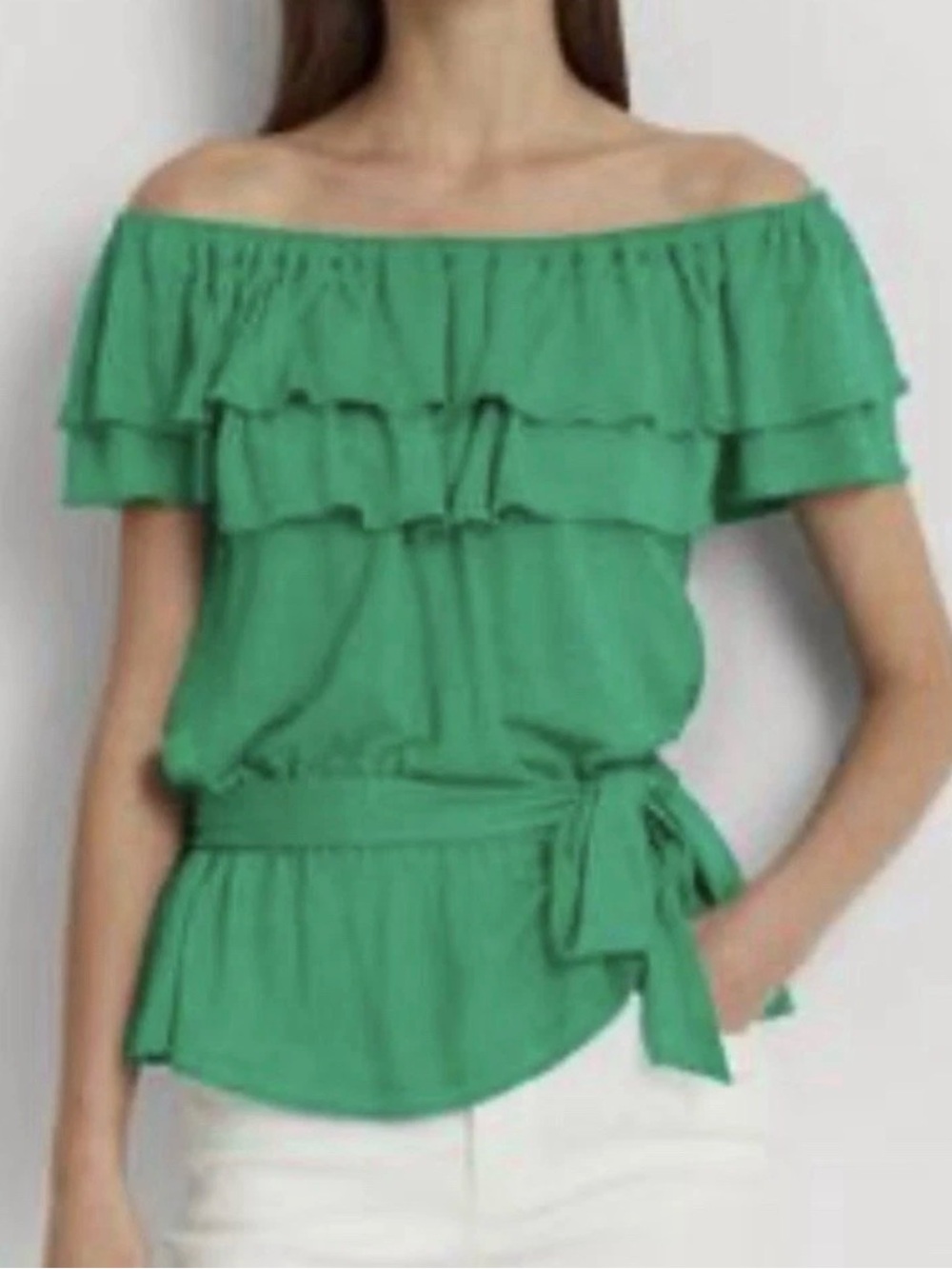 Lauren Ralph Lauren Women's Jersey Off the Shoulder Top, Green, Large, MSRP $115